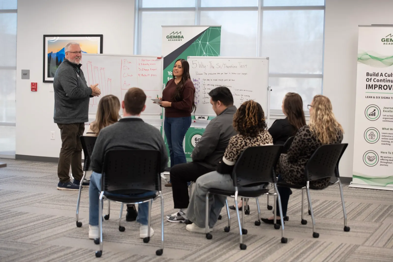 Two presenters at whiteboards leading a session for a seated group in the training center